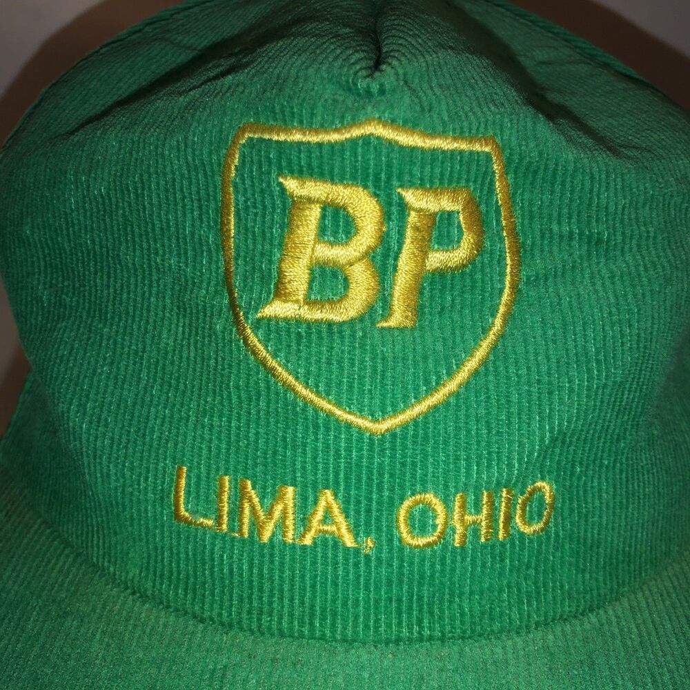 Vintage BP OIL Lima Ohio 80s USA Green Corduroy Hat Cap Snapback Gold Stitching - Picture 3 of 12